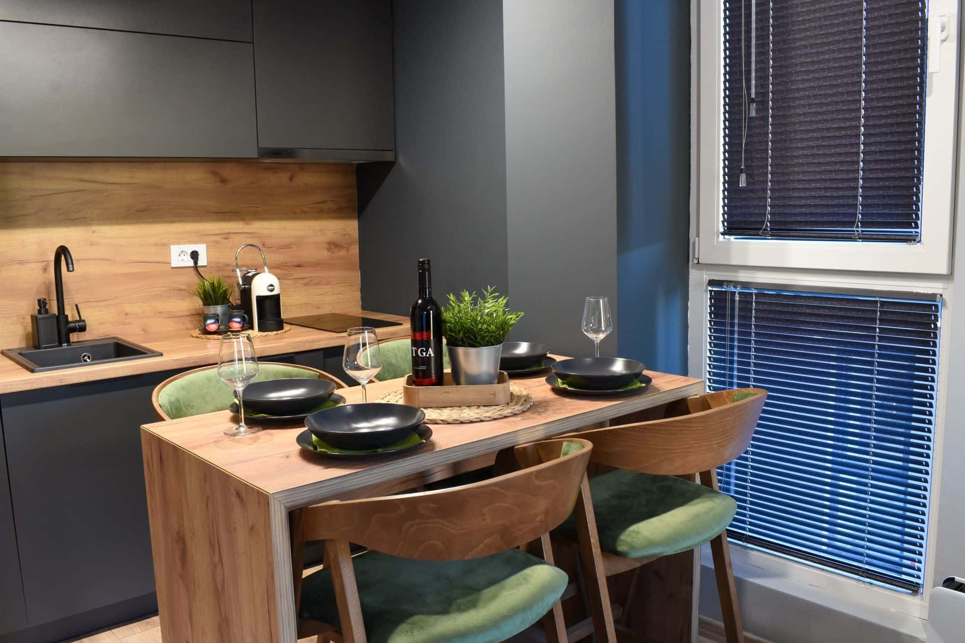 Dining table set for dinner