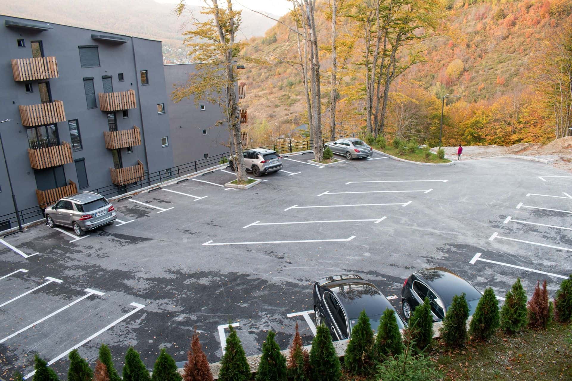 Parking area with mountain backdrop