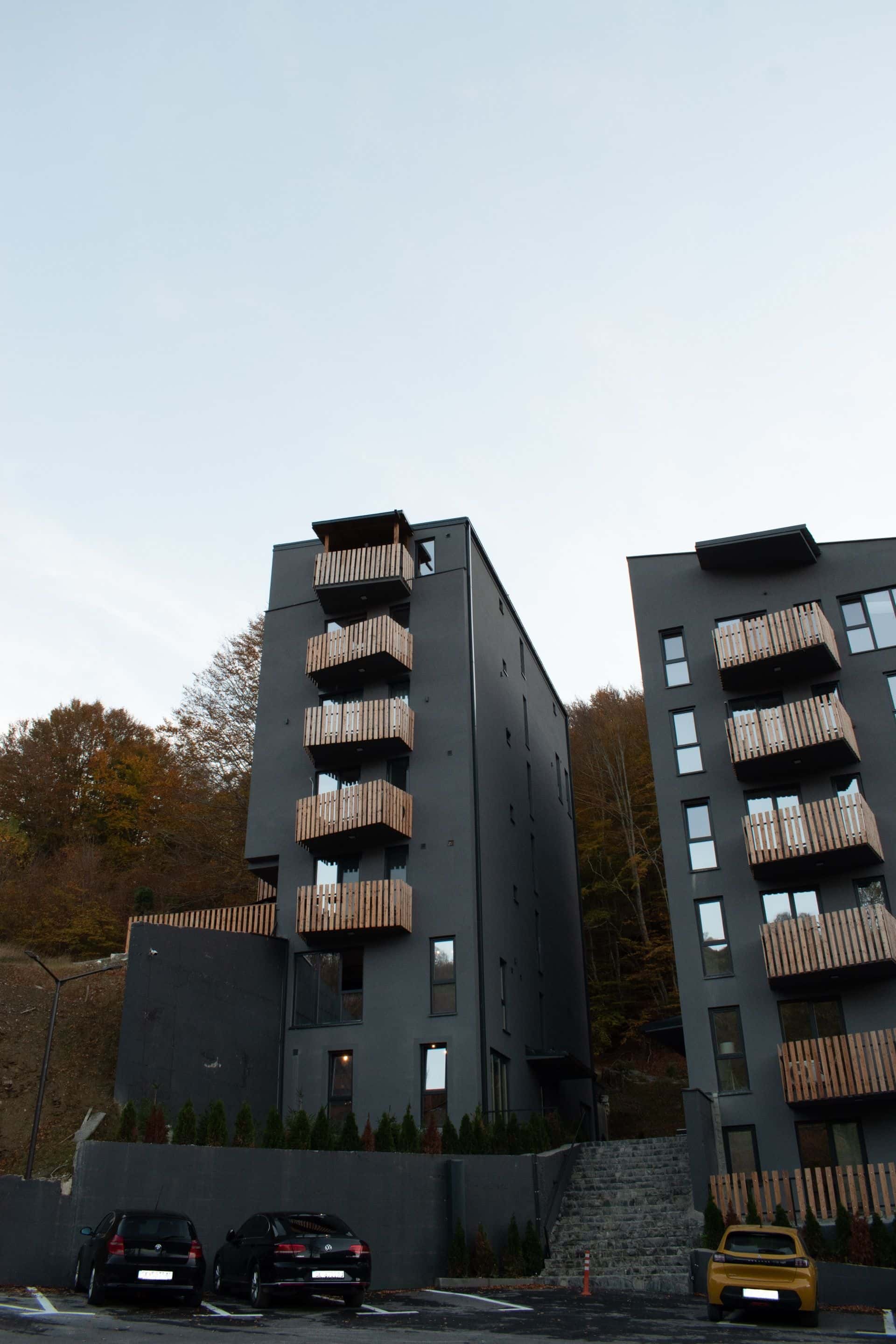 Building facade with wooden balconies